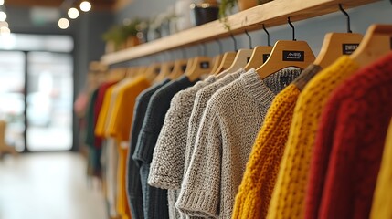 A row of stylish garments made from organic cotton and natural dyes hanging on wooden hangers in a bright, modern store, promoting sustainable fashion and ethical production.