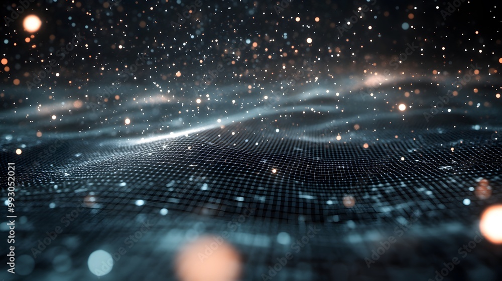 Poster abstract grid pattern with glowing particles and bokeh lights