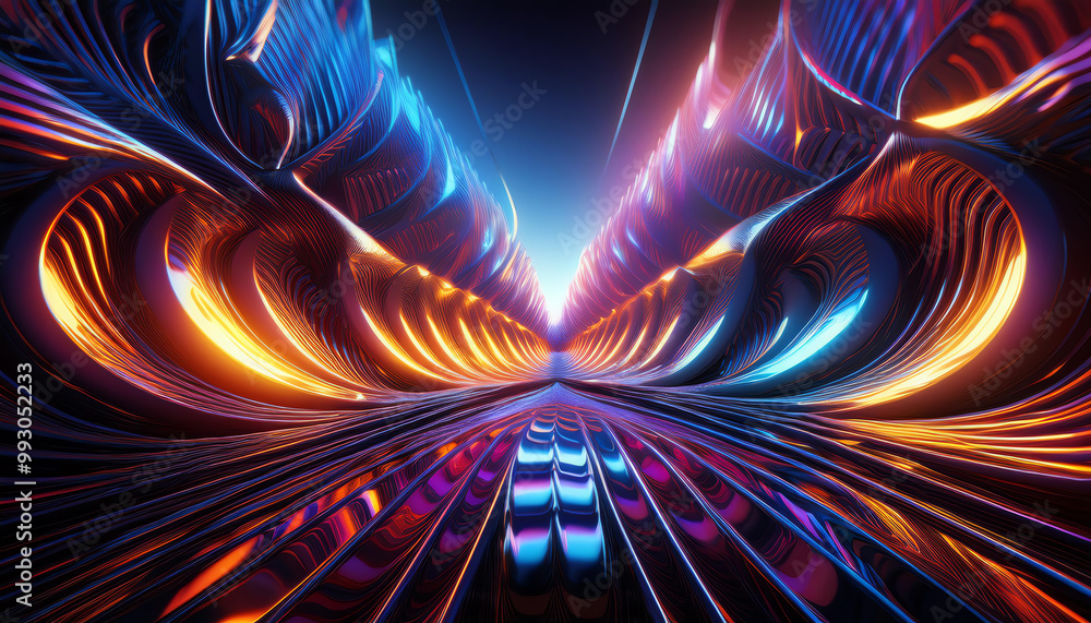 Poster futuristic abstract design with vibrant colors and dynamic lines in a digital landscape.