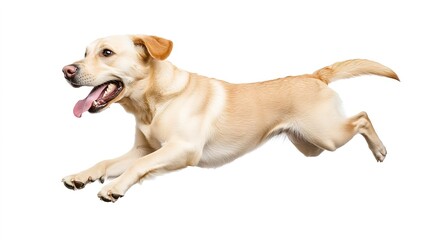 Labrador Retriever dog running and jumping isolated on white background 