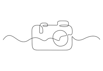 Modern camera continuous one line drawing. Isolated on white background vector illustration