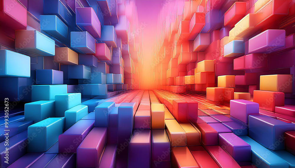 Aufkleber colorful abstract background with vibrant, 3d cube structures and a glowing horizon.