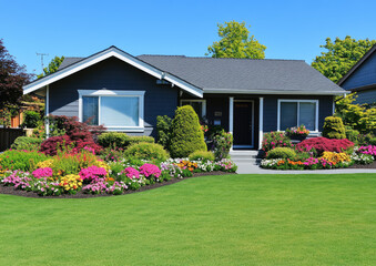 single-story house with gray-colored walls and a shingle roof. The front yard is well-manicured with green grass and colorful flowers in beds along each side of the walkway leading to the door