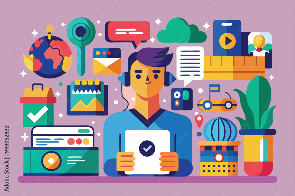 Poster a person engages with a digital device surrounded by vibrant icons representing technology and commu