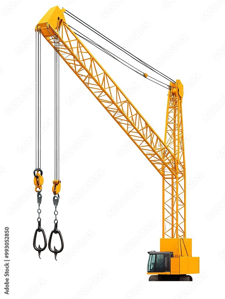Poster isolated illustration of a yellow crane boom with hooks, presented on a white background with clippi