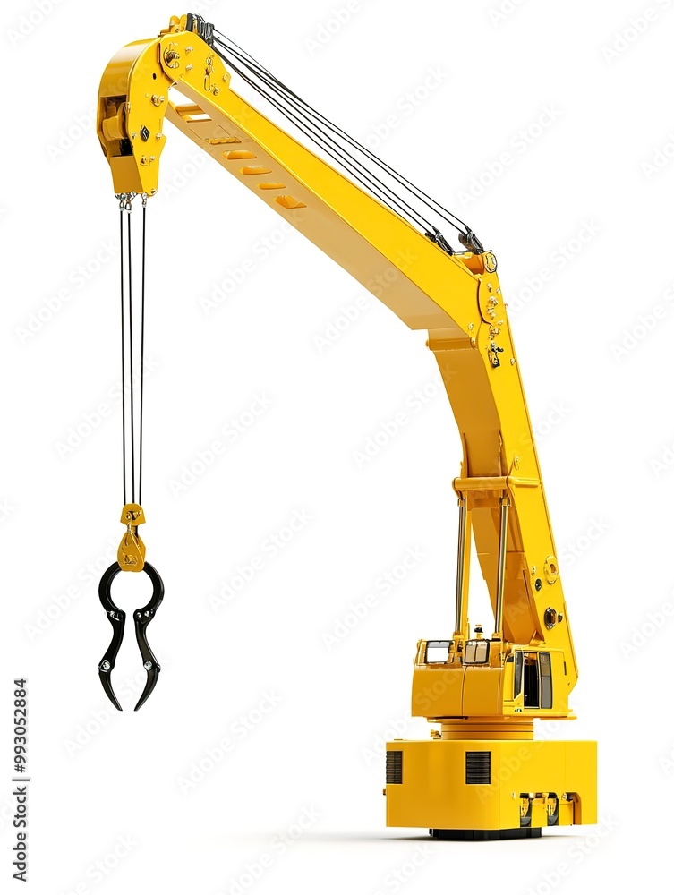 Poster isolated illustration of a yellow crane boom with hooks, presented on a white background with clippi