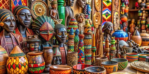 colorful, tribal, ethnic, assortment, carvings, collector's items, masks, souvenir, traditional, vibrant, ornaments, Assortment of colorful African art and craft Medium Shot
