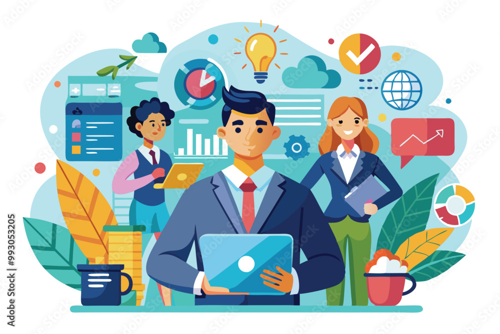 Poster business team members engage with technology while analyzing data and sharing ideas in a vibrant set