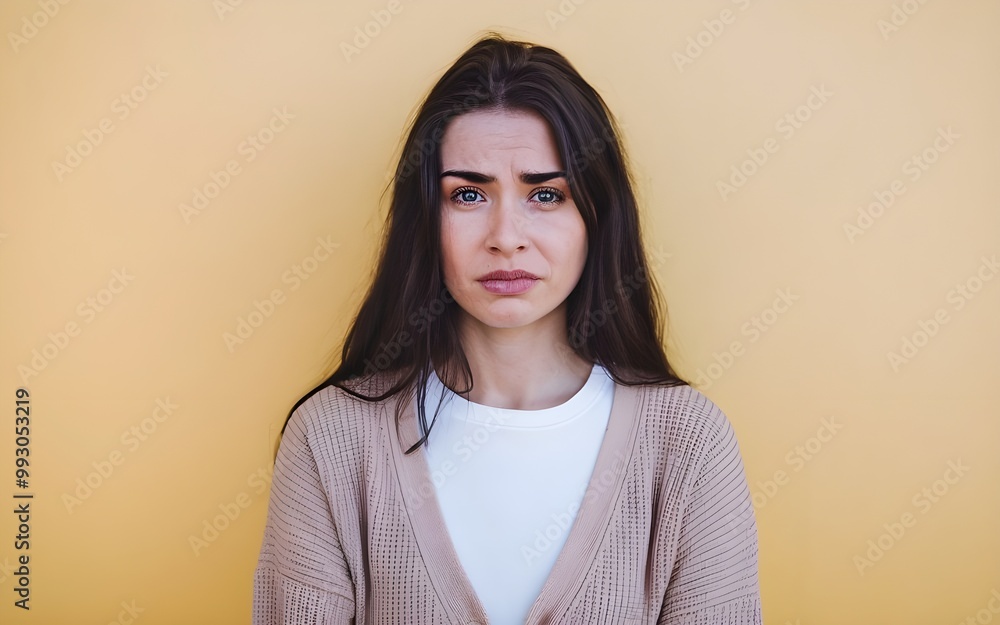 Wall mural sadly young woman isolated yellow background with copy space