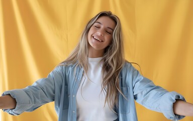 Naklejka premium young woman studio shot with happy smiling face welcome with open arms on pale yellow color backdrop 