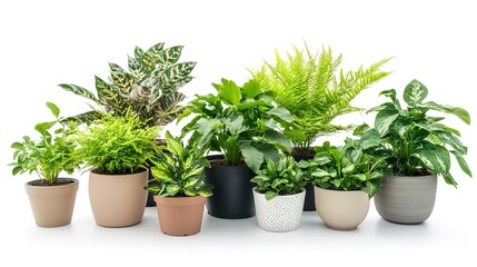 Obraz premium Group of various indoor plants in pots isolated on a white background 