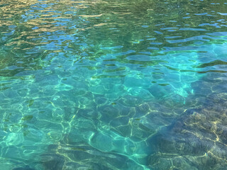 Ocean water blue turquoise clear glittering surface.