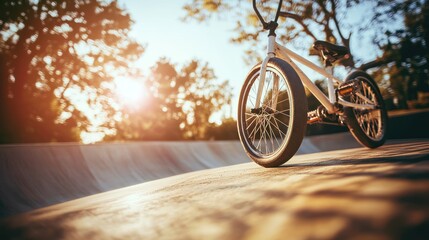 Obraz premium A BMX bike rests on a ramp during sunset, highlighting a moment of leisure and sport.