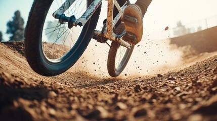 Naklejka premium A cyclist riding on a dirt track, kicking up dust and gravel.