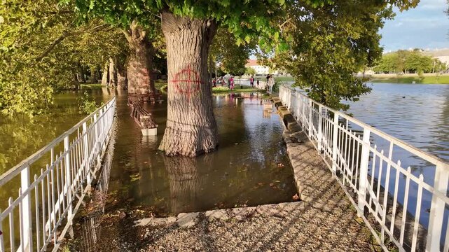 Flooded park next to the river R&aacute;ba in Győr Hungary