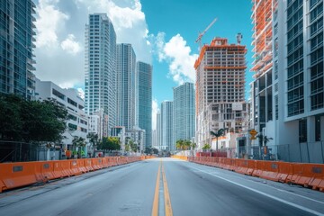 Obraz premium Brickell area Miami: city skyline featuring tall buildings and ongoing construction sites throughout the urban landscape