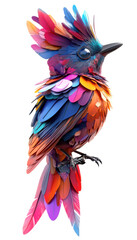 Fototapeta premium Colorful abstract bird made of vibrant feathers, white isolate background.