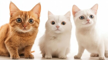 Three adorable cats sit together, showcasing their unique colors and expressions against a white background.