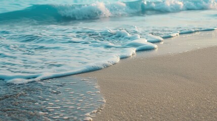 Obraz premium Waves Surf. Foamy Waves Rolling Up on Sandy Beach, a Nature Scene by the Ocean