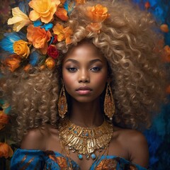 Fototapeta premium Dreams of an ebony-skinned African-American girl with golden locks as a fairy tale.