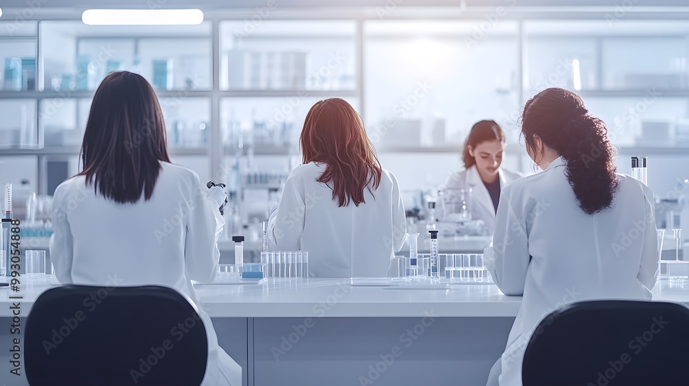 Poster three scientists in a lab working on experiments