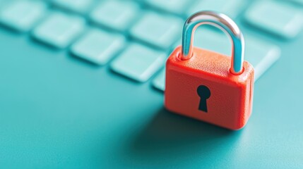 A close-up of a bright orange padlock on a turquoise keyboard background, symbolizing online security and data protection.