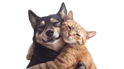Funny dog and cat hugging, animal friendship Isolated on white background 