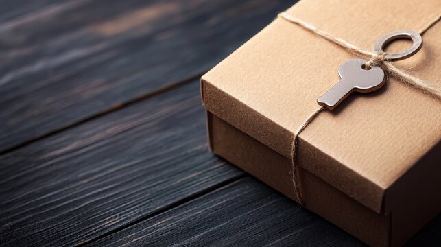 A closed cardboard box tied with a string, featuring a key, resting on a rustic wooden surface, symbolizing mystery and security.