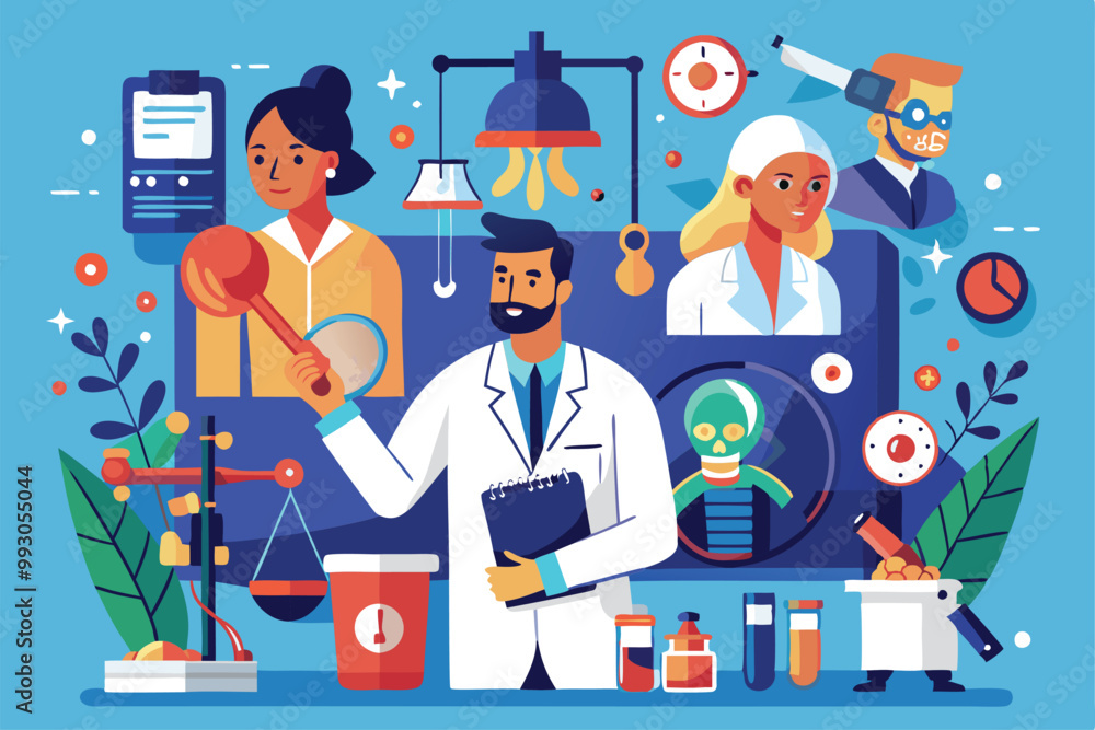 Poster forensic scientists collaborate in a bright laboratory, analyzing evidence and conducting experiment