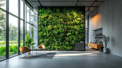 A stunning green living wall in a minimalist office space, with modern furniture and large windows, promoting an eco-friendly and tranquil working environment. Created Using: natural lighting,