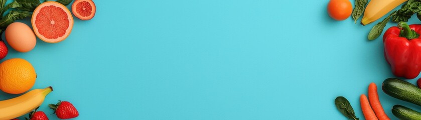 Colorful arrangement of fresh fruits and vegetables on a vibrant blue background, perfect for healthy lifestyle themes.