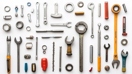 Fototapeta premium Free photo flat lay of various technician tools isolated on white background 