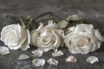 Naklejka premium White Rose Petals. Detail of Three Withering Roses on Table