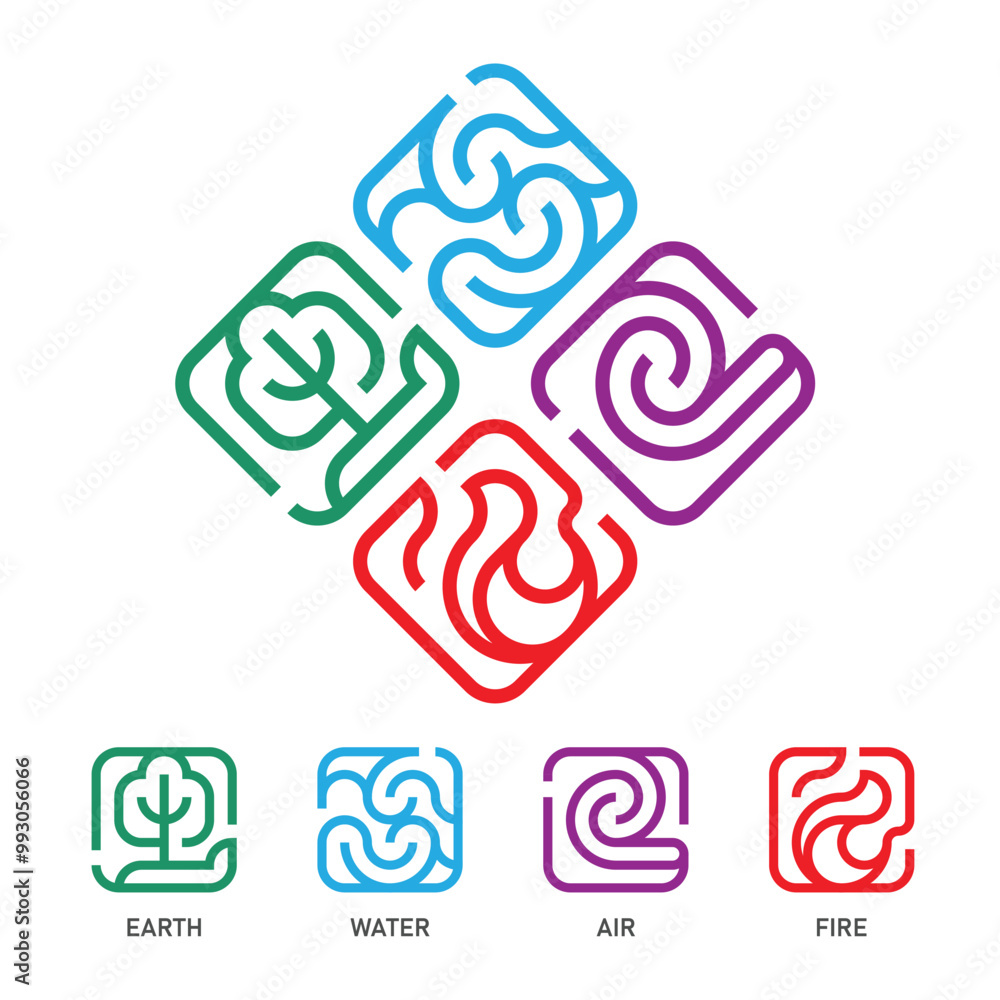Poster 4 elements of nature symbol - earth, water, air and fire with sign with modern line curve in rounded
