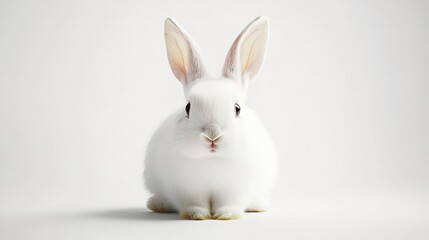 Fototapeta premium fluffy white rabbit sitting with ears up, isolated on white background 