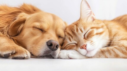 A peaceful scene of a sleeping dog and cat cuddled together, showcasing their harmonious relationship in a cozy environment.