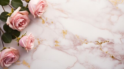 A top view of a sophisticated marble background with a scattering of blush pink roses and delicate gold accents