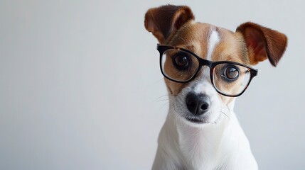 dog wear glasses with strange facial expressions on solid white background 