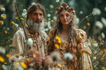 Ivan the Fool and Vasilisa the Beautiful in a whimsical scene from Russian folklore, full of charm and magic
