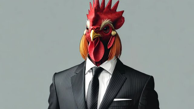 A rooster wearing a suit and tie stands against a gray backdrop