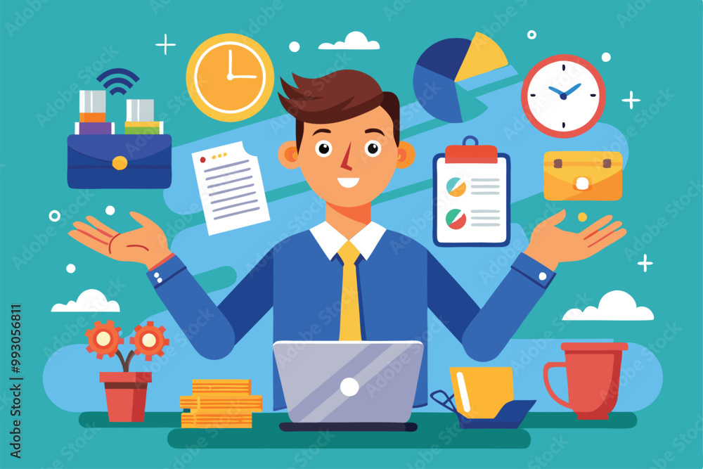 Poster a cheerful professional manages various tasks using a laptop in a colorful office environment, custo