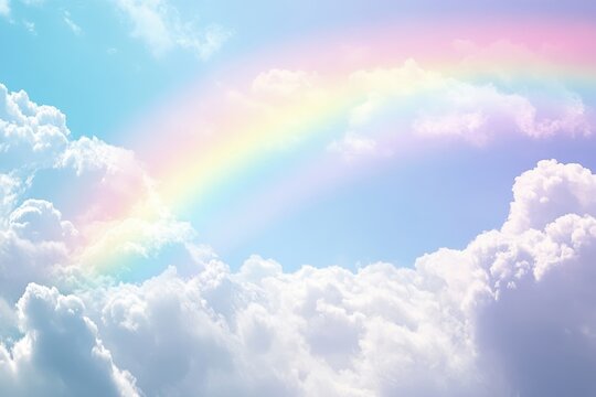 A pastel-colored arc stretches across fluffy clouds where a devoted dog waits patiently at the end on a day dedicated to honoring beloved pets at the rainbow bridge