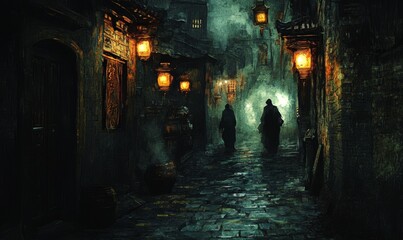 Fototapeta premium Two figures walk down a dark, cobblestone street.