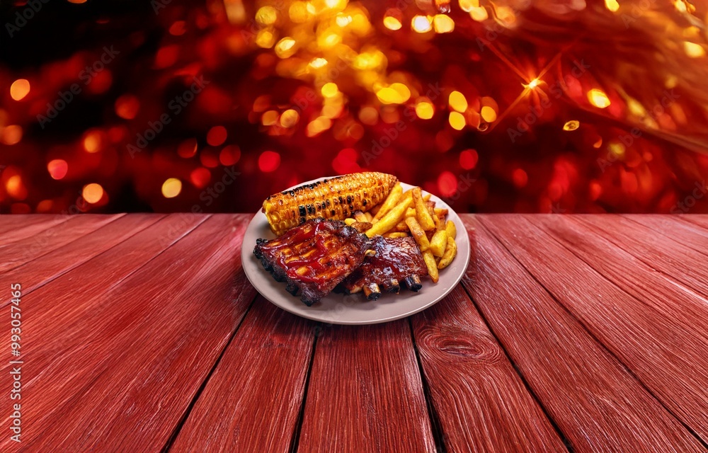 Poster a plate of grilled ribs, corn on the cob, and french fries sits on a red wooden table with a blurred