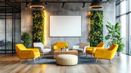 Green office design plants Eco-friendly workplace Nature-inspired office decor Modern Office Lounge with Yellow Armchairs and Green Wall Green Plants 