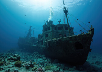 "Underwater Shipwreck Surrounded by Marine Life and Coral Growth in Clear Blue Ocean Depths - Sunken Vessel Photography"