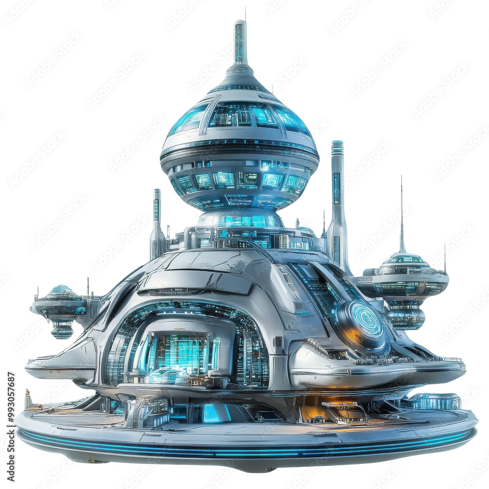 Poster futuristic sci-fi building design, white isolate background transparent background