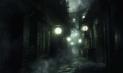 Dark, foggy alleyway with glowing lanterns.