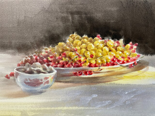 Red and yellow currant berries in plate on table watercolor painting
