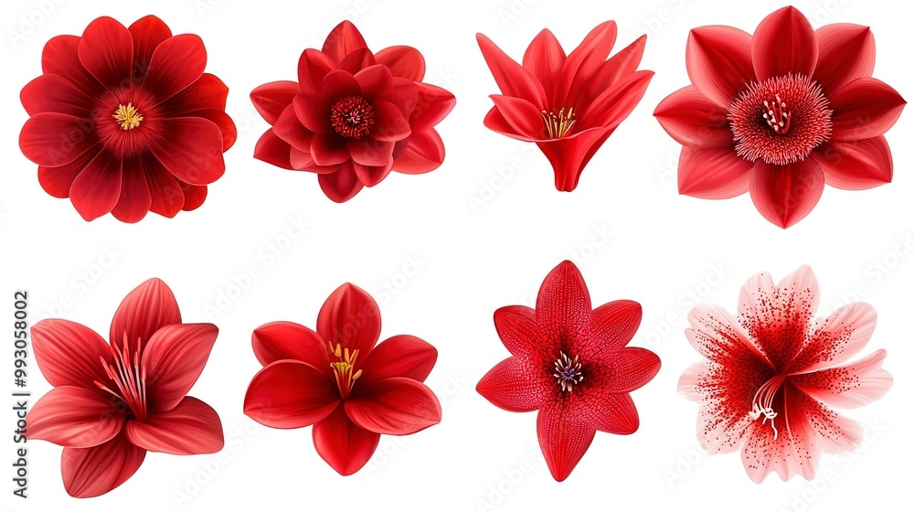 Poster collection of various red-flowered design element flowers, isolated on a white background
